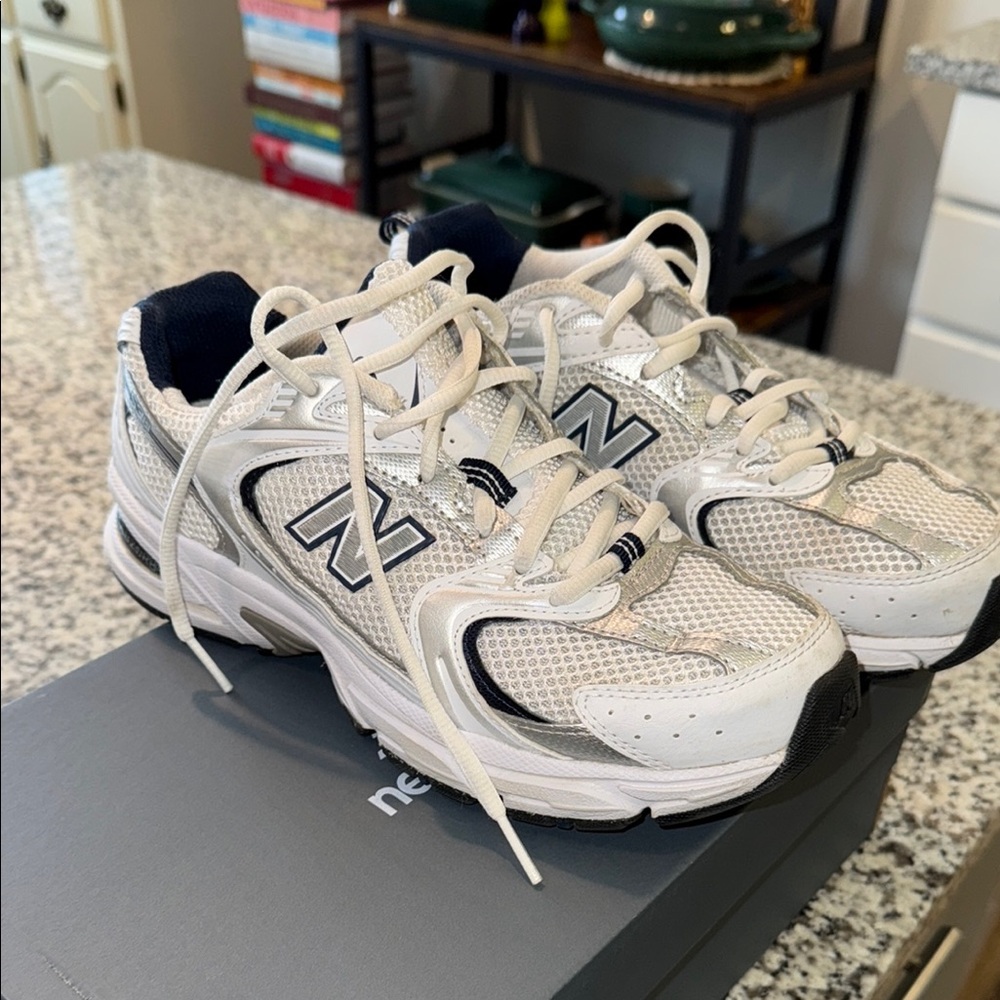 New Balance White and Navy Sneakers